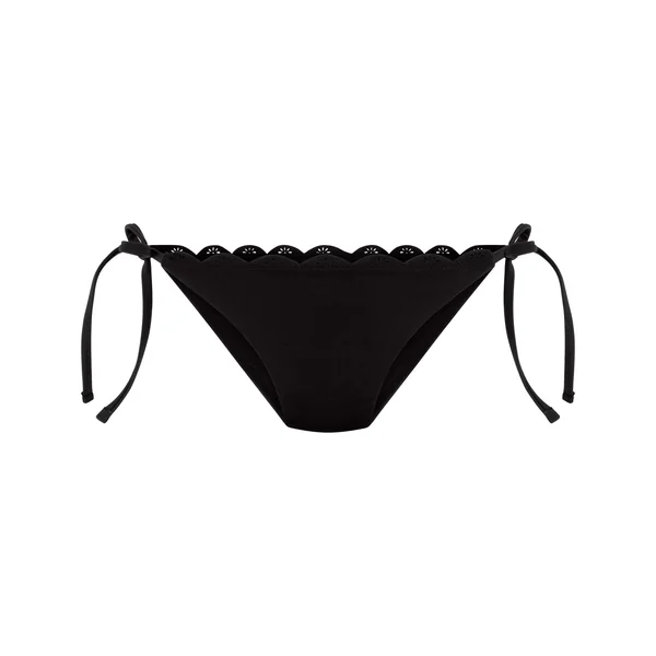 Bas de bikini échancré à motif floral et bords festonnés - Noir