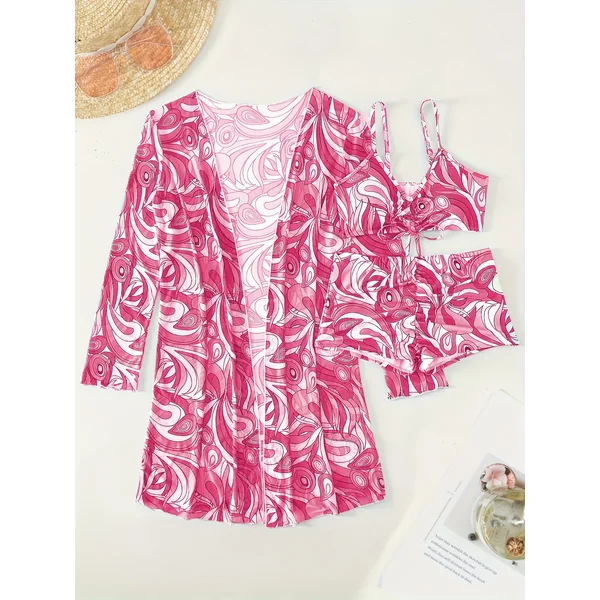 Bikini 3 pièces tourbillon avec kimono manches longues