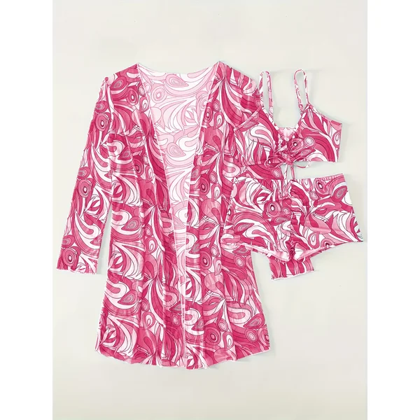 Bikini 3 pièces tourbillon avec kimono manches longues