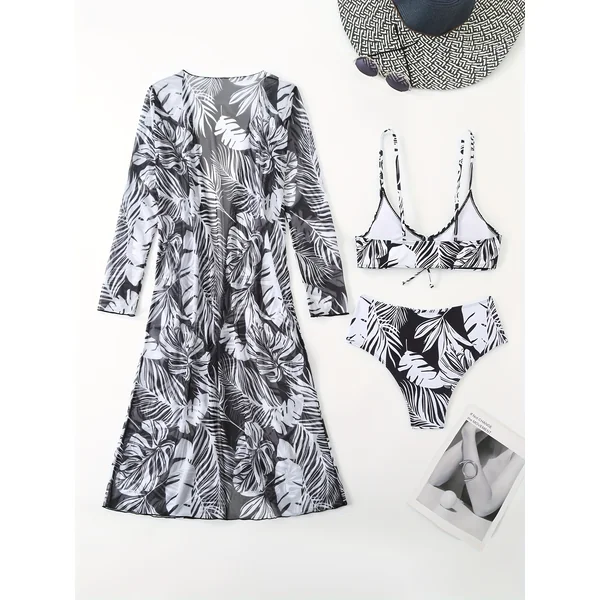 Bikini 3 pièces tropical avec paréo maille, manches longues.