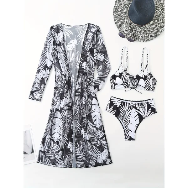 Bikini 3 pièces tropical avec paréo maille, manches longues.