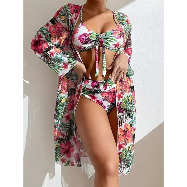 Bikini 3 pièces tropical avec paréo à manches longues