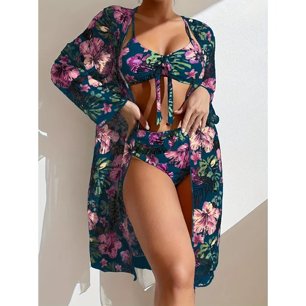 Bikini 3 pièces tropical avec paréo à manches longues