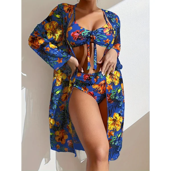 Bikini 3 pièces tropical avec paréo à manches longues