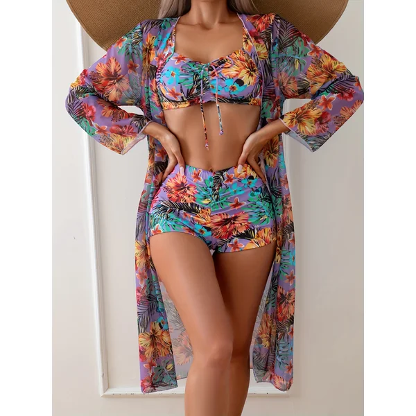 Bikini 3 pièces tropical, paréo, top noué, short taille haute.