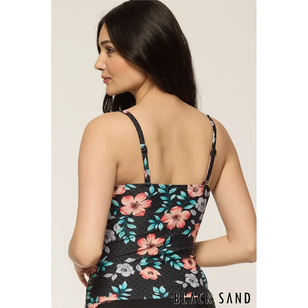 Black Sand - Haut de Tankini plissé avec cerceau 44 (100) F Noir avec fleurs 18 Ondalis Master