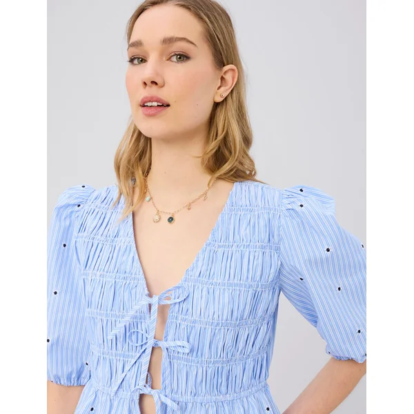 Blouse à nouer motif rayé Bleu clair