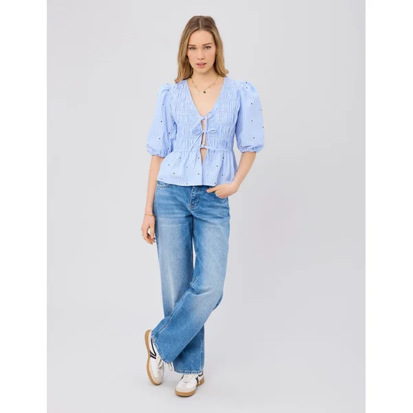 Blouse à nouer motif rayé Bleu clair