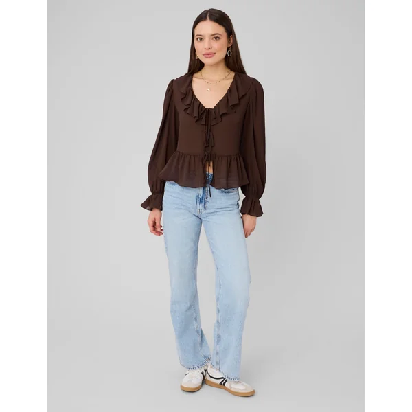 Blouse à volants Marron foncée