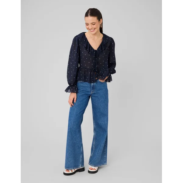 Blouse à volants motif pois Bleu foncé