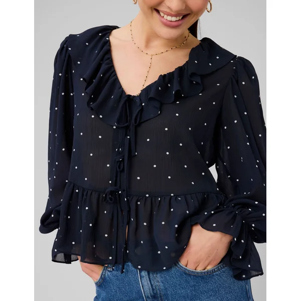 Blouse à volants motif pois Bleu foncé