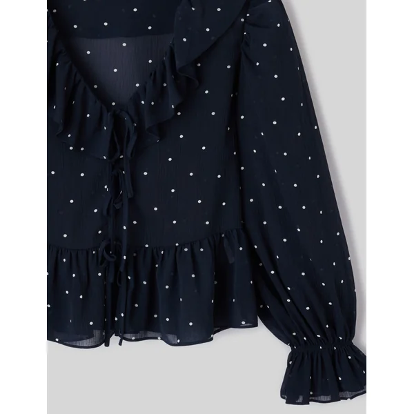 Blouse à volants motif pois Bleu foncé