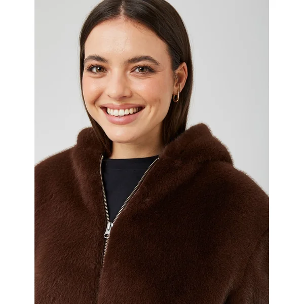 Blouson matière duveteuse col capuche Marron