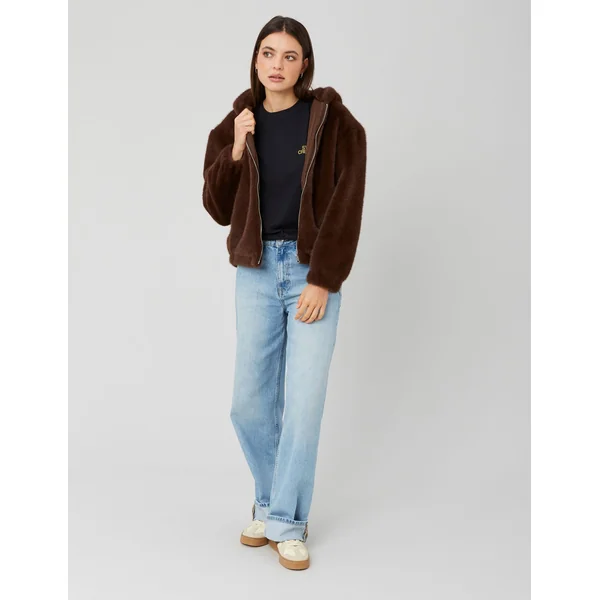 Blouson matière duveteuse col capuche Marron