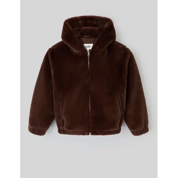 Blouson matière duveteuse col capuche Marron