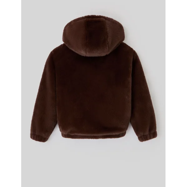Blouson matière duveteuse col capuche Marron
