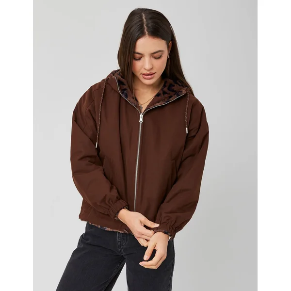 Blouson à capuche réversible imprimé léopard Marron foncée