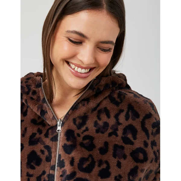 Blouson à capuche réversible imprimé léopard Marron foncée
