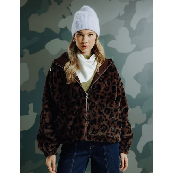 Blouson à capuche réversible imprimé léopard Marron foncée