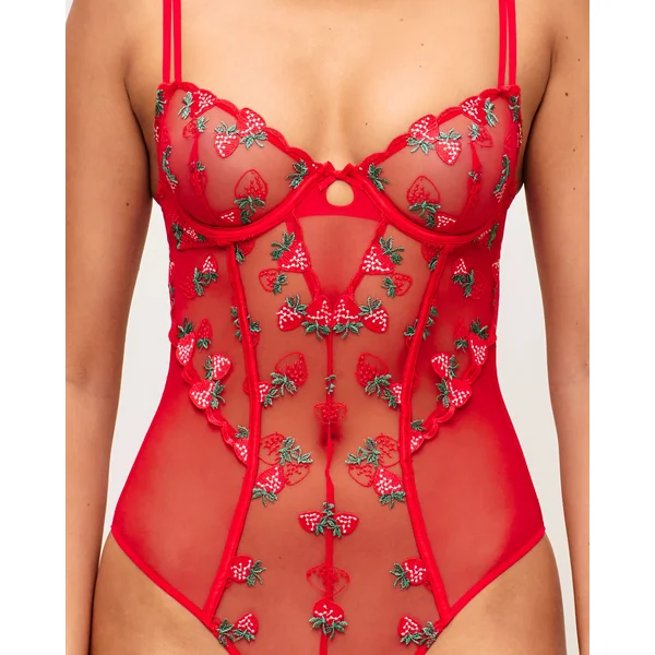 Body corbeille en mesh brodé de motif fraises