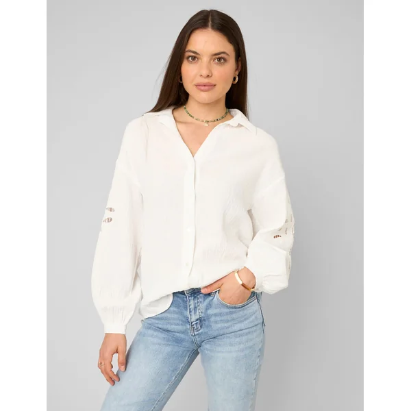 Chemise brodée en gaze de coton Blanc écru