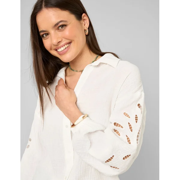 Chemise brodée en gaze de coton Blanc écru