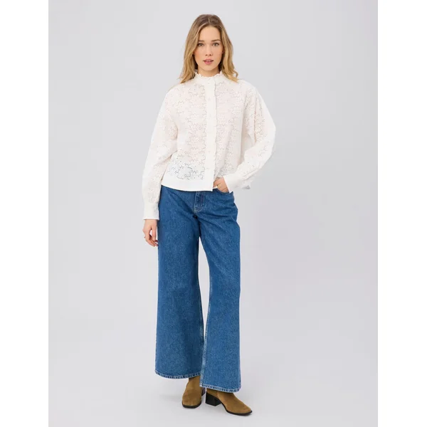 Chemise col montant broderie anglaise Blanc écru