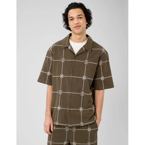 Chemise manches courtes brodée Vert kaki