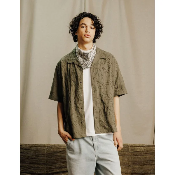 Chemise manches courtes brodée Vert Kaki