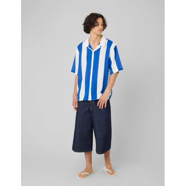 Chemise manches courtes rayée viscose lin Bleu foncé
