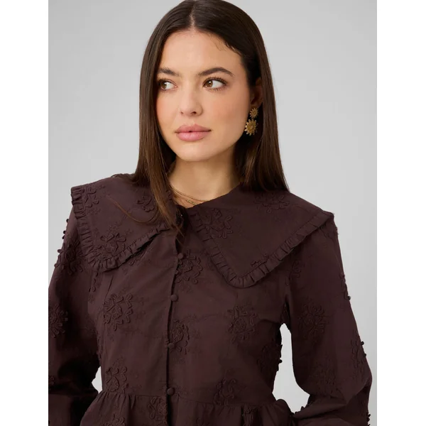 Chemise maxi col broderie 3D Marron foncée