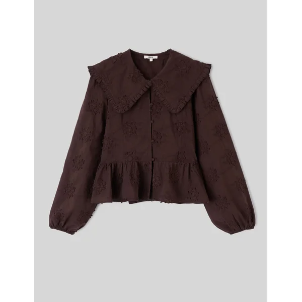 Chemise maxi col broderie 3D Marron foncée