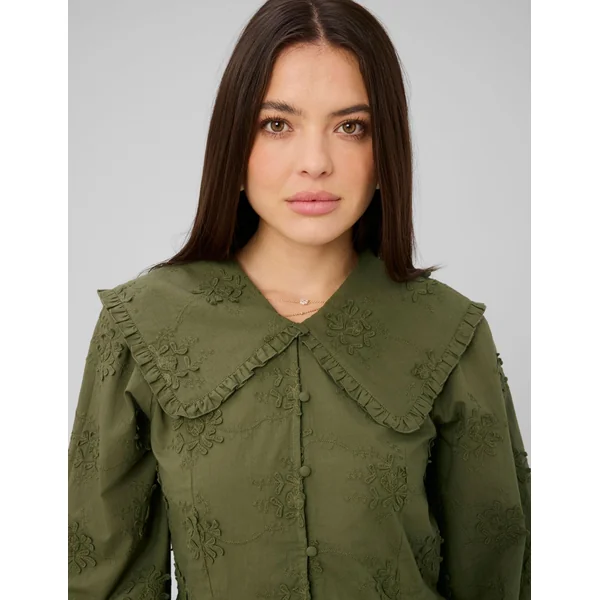 Chemise maxi col broderie 3D Vert kaki