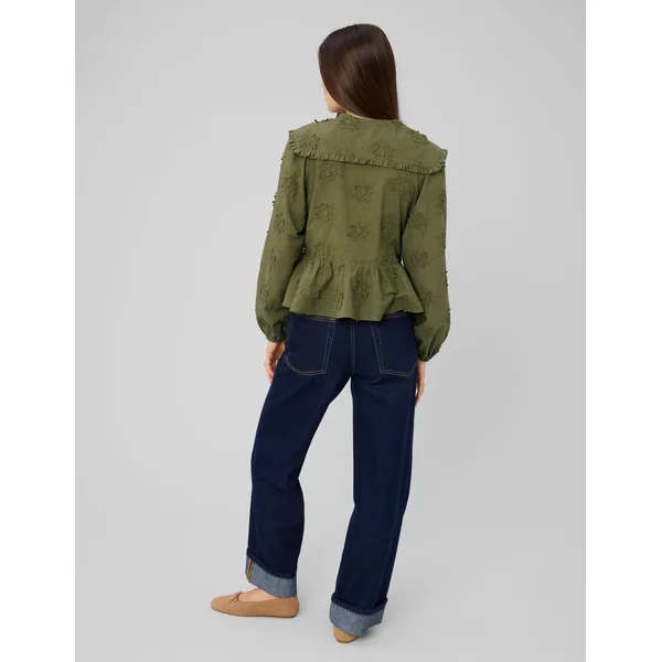 Chemise maxi col broderie 3D Vert kaki