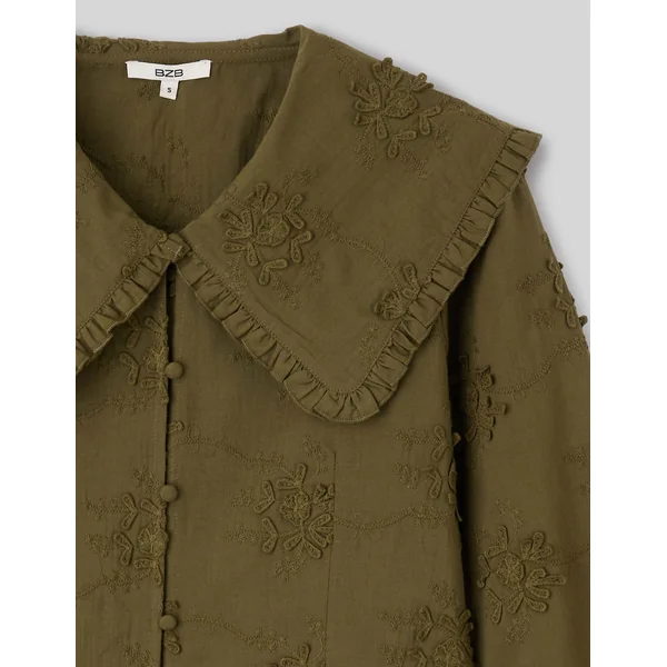 Chemise maxi col broderie 3D Vert kaki