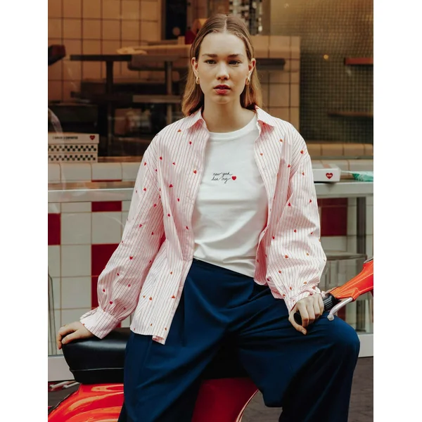Chemise rayée à motif cœur Rose pâle