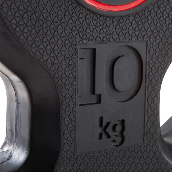 Disque musculation caoutchouc 10kg 28mm avec poignées, fonte à 80% recyclé