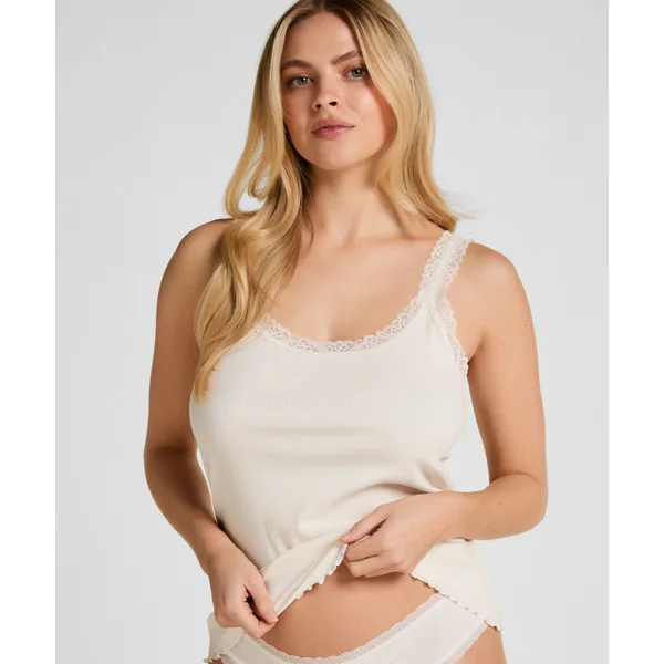 Débardeur en Jersey Côtelé avec Dentelle - Blanc