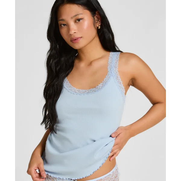 Débardeur en Jersey Côtelé avec Dentelle - Bleu
