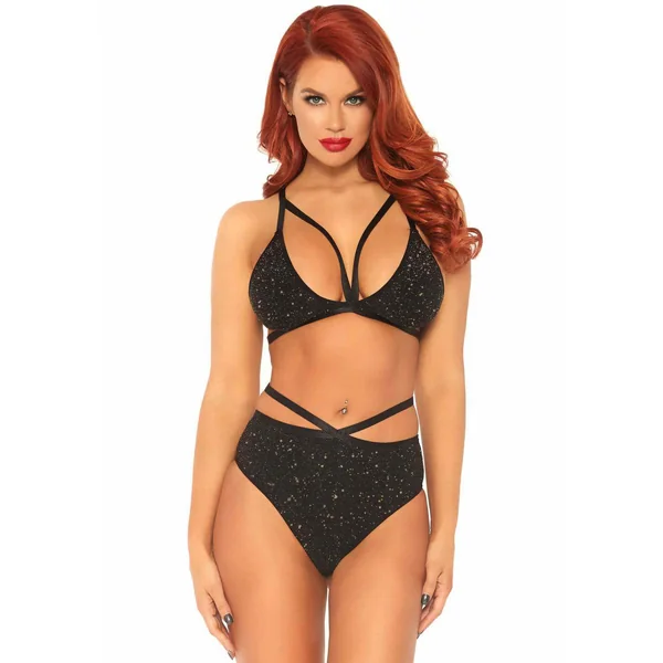 Ensemble 2 pièces soutien-gorge à lanières et slip brésilien noir Leg Avenue