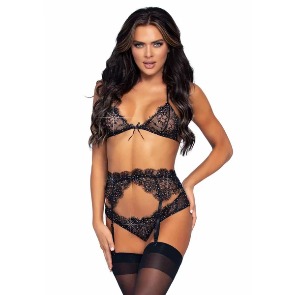 Ensemble 3 pièces bralette, slip et porte-jaretelles noir Leg Avenue