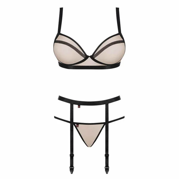 Ensemble Soutien-gorge corbeille, String et Porte-jarretelles nude Obsessive