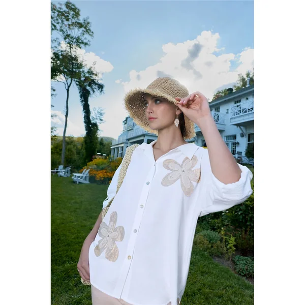 Frank Lyman Design - Chemise à manches 3/4 avec motifs fleurs dorées Blanc cassé XX-Large