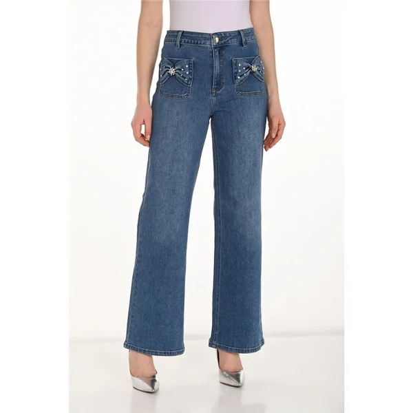 Frank Lyman Design - Pantalon Jeans jambes large avec boucles sur les poches avant Bleu Medium