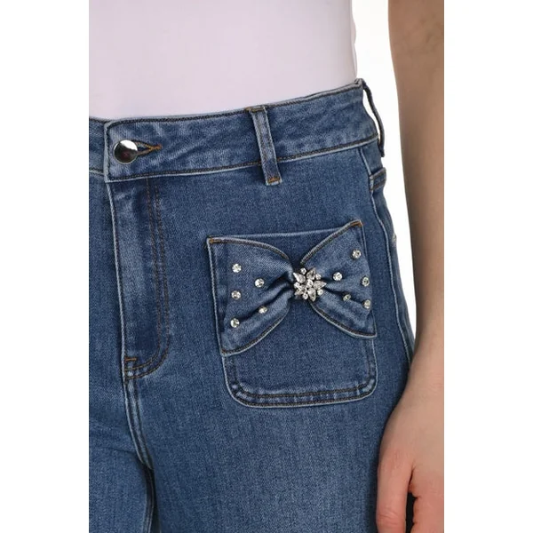 Frank Lyman Design - Pantalon Jeans jambes large avec boucles sur les poches avant Bleu Medium