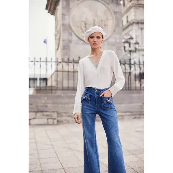 Frank Lyman Design - Pantalon Jeans jambes large avec boucles sur les poches avant Bleu Medium