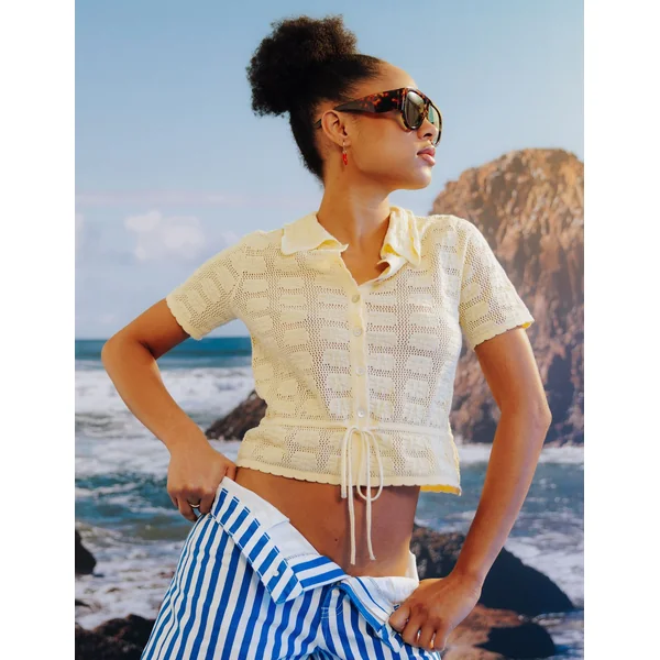 Gilet col polo en crochet JAUNE PASTEL
