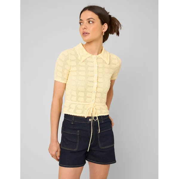 Gilet col polo en crochet JAUNE PASTEL