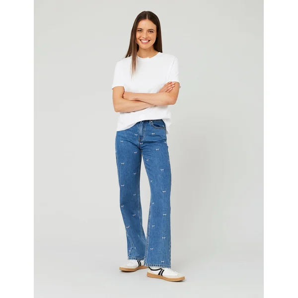 Jean straight brodé noeuds Bleu moyen