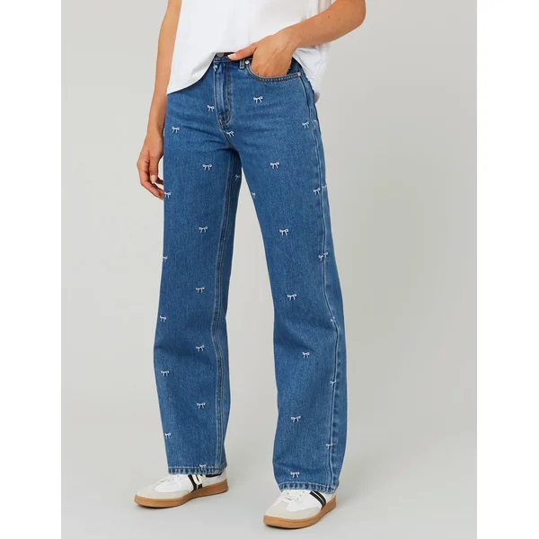Jean straight brodé noeuds Bleu moyen